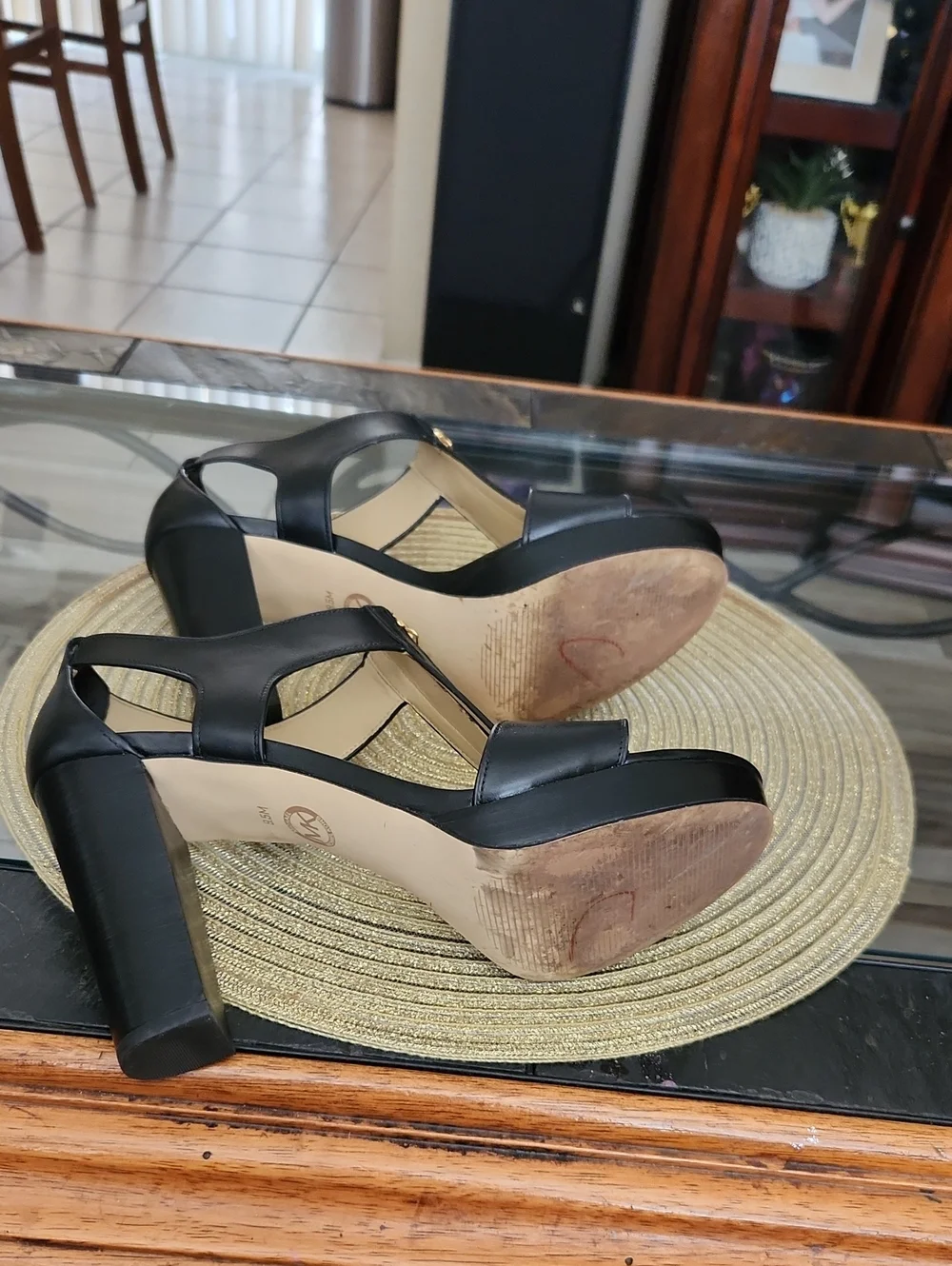 Michael Kors Berkley Black Leather T-Strap Platform Heels with Gold Zip Size 9.5